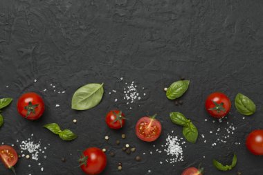 Taze domates, fesleğen, deniz tuzu ve arkaplandaki baharatlar.