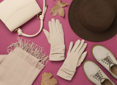 Renk arkaplanı ve üst görünümde sonbahar aksesuarları