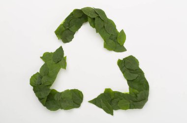 Renk arkaplanındaki yeşil yapraklardan yapılmış geri dönüşüm sembolü, üst görünüm