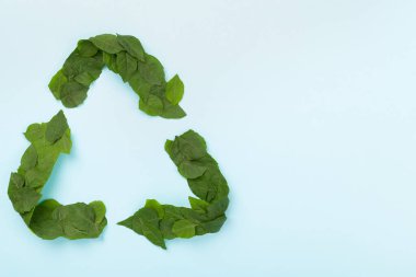 Renk arkaplanındaki yeşil yapraklardan yapılmış geri dönüşüm sembolü, üst görünüm