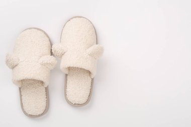 Renkli arka planda yumuşak ayıcıklı terlikler, üst görünüm