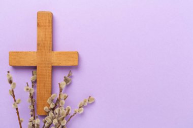 Söğüt dalları ile renk arkaplan, üst, görünüm. Palm Sunday konsepti