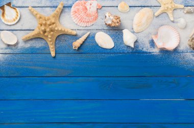 Deniz kabukları, deniz yıldızı ve ahşap arka planda kum, üst manzara.