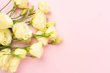 Renkli arka planda Eustoma çiçekleri olan güzel bir buket.