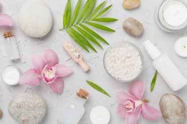 Beton zemin üzerinde orkideler ve masaj taşları olan kompozisyon, üst görünüm