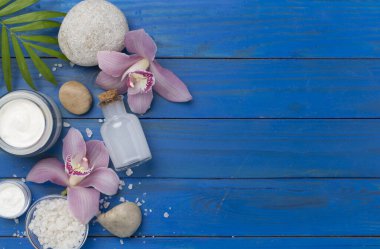 Orkideli kompozisyon ve ahşap zemin üzerinde masaj taşları, üst görünüm