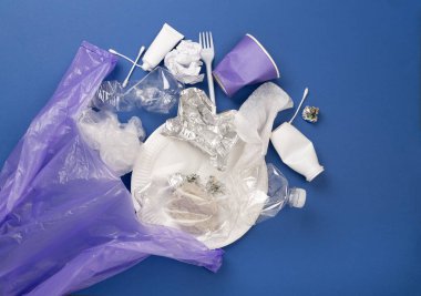 Renk arkaplanı üzerinde sıralanmamış atık olan çanta, üst görünüm