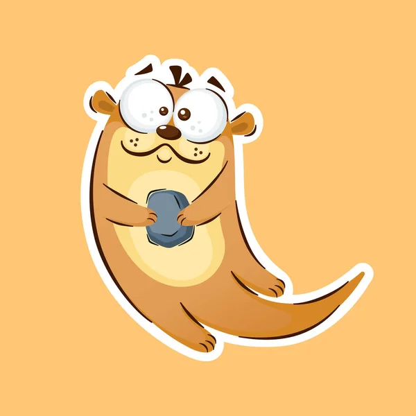 Cute Swimming Otter Cartoon Character Holding Stone Sticker Style Premium — 스톡 벡터