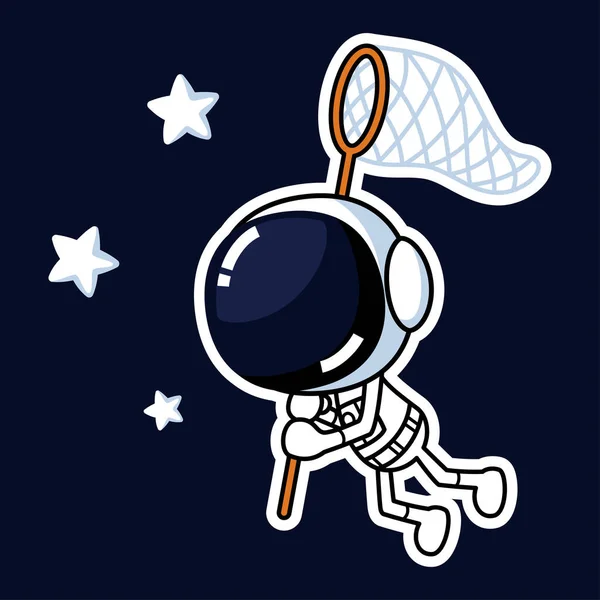 Roztomilý Astronaut Cartoon Charakter Catching Stars Net Prémiový Vektorový Grafický — Stockový vektor