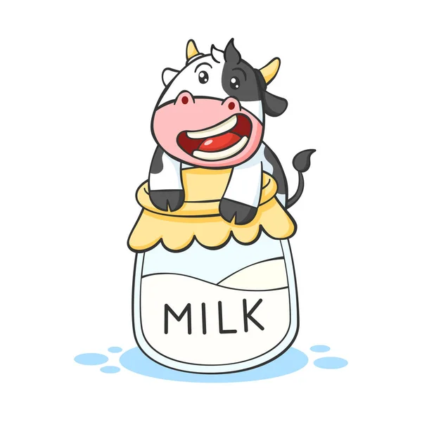 Lindo Personaje Dibujos Animados Vaca Con Tarro Leche — Vector de stock