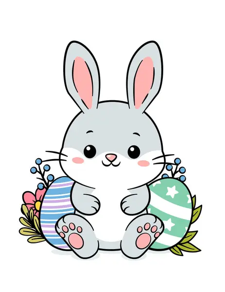 可爱的灰色手绘宝宝复活节兔子和蛋 免版税图库矢量图片
