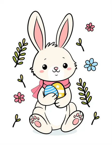 Cute Hand Drawn Easter Bunny Two Eggs Stock Vector
