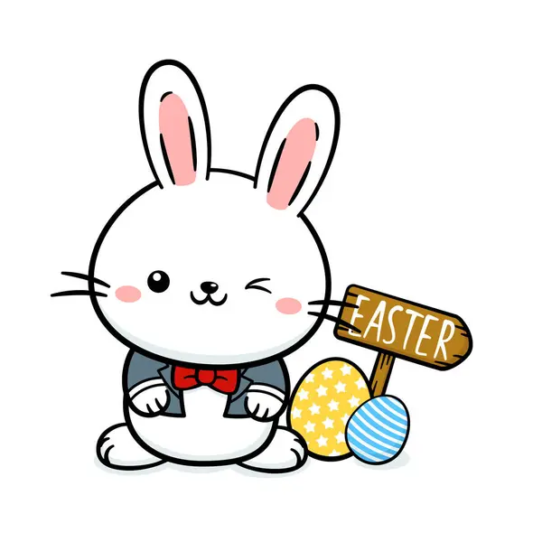Cute White Baby Easter Bunny Rabbit Tuxedo Egg Sign Vector Graphics