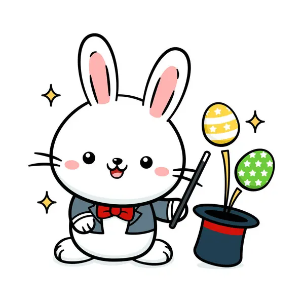 Cute White Baby Easter Bunny Rabbit Magician Eggs Stock Illustration