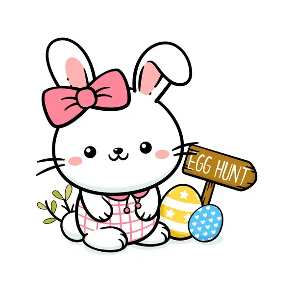 Cute White Baby Easter Bunny Rabbit Egg Sign Stock Vector