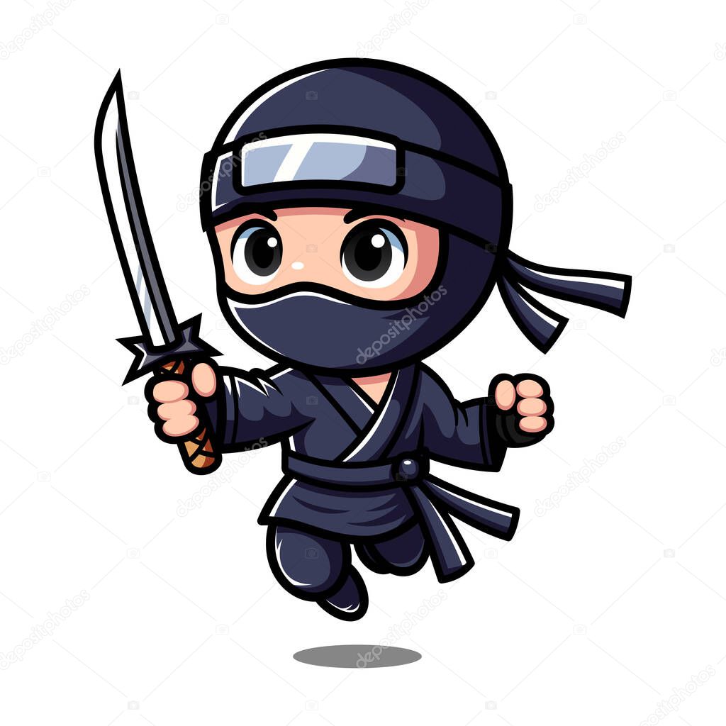 Cute Ninja Cartoon Character Holding Sword