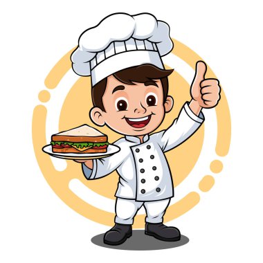 Şirin Çocuk Şef Maskot Logosu Tüm Vücudu Sandviç Tabağı Tutuyor