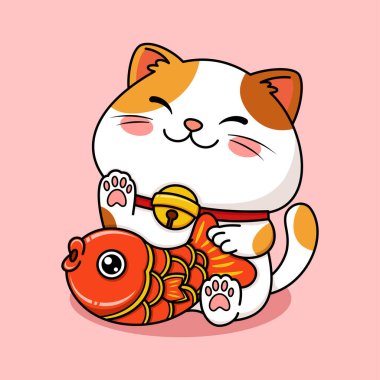 Kırmızı Japon Balığı Tutan Şirin Şans Kedisi