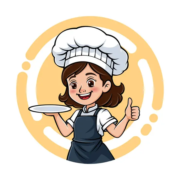 Sevimli Aşçı Kız Maskot Logosu Tabak Tutuyor