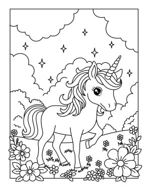 Güzel Tek Boynuzlu At Çizgi Film Renk Sayfası