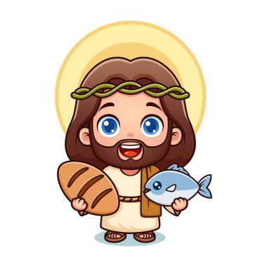 İsa 'nın şirin karikatür karakteri ellerinde balık ve ekmek tutuyor.