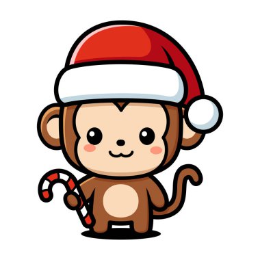 Noel Şapkası Giyen ve Şeker Çubuğu Tutan Şirin Maymun Çizgi Filmi Karakteri