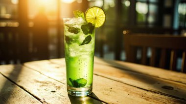 Canlı ve ferahlatıcı bir mojito kokteyli taze nane ve limonla süslenmiş bir viski bardağında oturur. Güneşle ıslanmış bir kafede yakalanan içki, kırsal bir ahşap masa üzerinde sunuluyor ve ışık yaz atmosferi yaratıyor. Baloncuklar dans ediyor