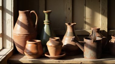 Kırsal bir çömlek sergisini aydınlatan sabah güneşinin sıcaklığını kucaklayın. Bu natürmortta eski çömlekler, vazolar ve terracotta ve toprak malzemelerinden yapılmış bir sulama kutusu var. Bunlar eski ahşap bir yüzeyde sergileniyor. Sahne kahverengi ve dev gibi.