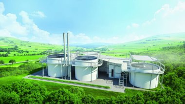 Modern bir biyogaz fabrikası, sürdürülebilir enerji uygulamalarını sergiliyor. Bu görüntü, biyogazdan elde edilen temiz enerji üretimini ön plana çıkaran yenilenebilir bir enerji tesisini gösteriyor. Çevre dostu tesis, sorumlu atıkların yönetildiğini gösteriyor.
