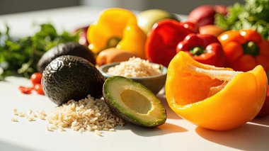 Canlı bir natürmort taze, organik sebzeler ve sağlıklı tahıllar sergiliyor. Besleyici yemek ve dengeli bir diyeti desteklemek için mükemmel. Yarım avokado, dolma biber (sarı, kırmızı ve turuncu) ve diğer ham malzemeler artfu 'dur.