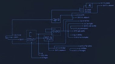 Detaylı bir teknik şematik diyagram çarpıcı bir karanlık arkaplan karşısında karmaşık veri akışını ve bilgi işlemesini görselleştirir. Bu tasarım tasarımı, teknolojik bir sistemi temsil eden karmaşık bağlantılar ve çizgiler sergiliyor. Tam oldu. 