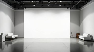 Tasarımlarınızı bu modern, minimalist stüdyo içinde gösterin. Bu görüntüde boş, beyaz bir zemin ve temiz beton zemin var. Yaratıcı sunumlar ve ürün sergileri için mükemmel. Açık alan, raylardan gelen nötr ışıkla kaplıdır.