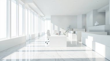 Modern, minimalist ofis içinin bu çarpıcı fotoğrafıyla rafine edilmiş bir dünyaya adım atın. Geniş pencerelerden süzülen doğal ışıkla yıkanan beyaz ve parlak uzay bir sakinlik ve odaklanma hissi yayar. Gösterişli.