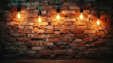 Büyüleyici, yakın çekim bir manzara Edison ampullerinin sıcacık parıltısıyla yıkanmış kırsal tuğla bir duvar, belirgin bir klasik atmosfer yaratıyor. Açık tuğla dokusu, kahverengi ve yaşlı görünümü ile, iç mekan için çarpıcı bir arka plan sağlar.
