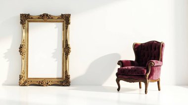 Zarif bir altın çerçeve, potansiyel olarak bir ayna ya da sanat eseri için, peluş kırmızı kadife bir koltuğa yaslanarak, temiz beyaz arka plana çarpıcı bir kompozisyon oluşturur. Bu lüks stüdyo çekimi süslü çerçevenin yaldızlı detaylarını vurguluyor. 