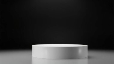 Minimalist bir beyaz silindir podyum, profesyonel ürün sergisi ve sergilenmesi için ideal, koyu siyah bir zemin üzerinde belirgin bir şekilde duruyor. Bu zarif ve modern 3D sunum kozmetik veya diğer ürün sunumları için temiz ve boş bir sahne sağlar
