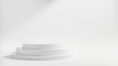 Temiz, minimalist, üç katmanlı beyaz silindirik platform, ürün tanıtımı veya sunumu için mükemmel. Modern markalaşma, web sitesi tasarımı ve pazarlama malzemeleri için ideal. Boş, boş alan yaratıcı projeniz için çok yönlü bir arkaplan sağlar