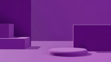 Temiz, minimalist ürün, canlı mor geometrik şekiller içeren bir model. Kozmetik, teknoloji ya da diğer ürünleri sergilemek için ideal. Modern, soyut bir stüdyo sahnesinin 3 boyutlu canlandırması. Temiz bir zemin ve ince gölgeler. Online s için mükemmel