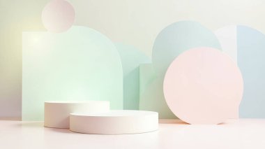 Beyaz silindirik ekran platformları içeren, pastel renkli arka planda en az 3 boyutlu temiz bir tasarım. Ürün sunumları, marka modelleri ve reklam kampanyaları için ideal. Kozmetik ürünleri, mücevherler ya da diğer küçük eşyalar için mükemmel. Yumuşak