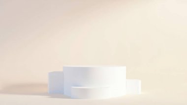 Beyaz geometrik ekran platformunun temiz, minimalist 3D görüntülemesi, ürünleri sergilemek ya da modern bir arkaplan olarak mükemmel. E-ticaret, markalaşma ve reklam için ideal. Basit, pastel tonlu zarif bir tasarım. Yüksek çözünürlüklü resim uygun 