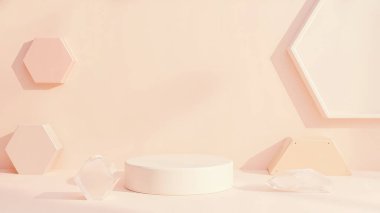 Temiz, modern ürün modeli Pastel şeftali, pembe ve bej tonlarını içeriyor. Geometrik altıgenler ve silindirler kozmetik, mücevher veya diğer küçük ürünleri sergilemek için mükemmel bir minimalist platform oluştururlar. Markalaşma ve reklam için ideal. 