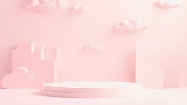 Pastel pembe ürün görüntüleme sahnesinin temiz, minimalist 3D görüntüsü. Yumuşak, bulut benzeri elementler ve geometrik bir platform, markalaşma, reklam veya pazarlama materyallerinde ürünleri sergilemek için ideal. Kadınsı ya da narin dürtüler için mükemmel
