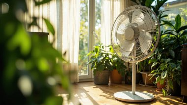 Parlak, havadar bir odada, pencereden süzülen güneş ışığı altında serinletici bir rahatlık sağlayan beyaz bir pervane bulunur. Ev bitkileri ve ahşap döşemeler taze ve rahat atmosfere katkıda bulunur. Yaz için mükemmel, ev dekorasyonu, ya da yaşam tarzı tasviri 