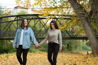 Mutlu kadın çift güzel bir sonbahar öğleden sonrasında parkta yürüyüş yapıyor.. 