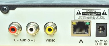 An auxiliary port for left and right audio and video, Male alternating current jack and Ethernet port