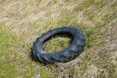 Tarlaya atılmış eski traktör lastiği.