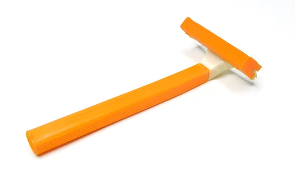 Retro Orangefarbener Und Weißer Kunststoffrasierer Auf Weißem Hintergrund — Stockfoto