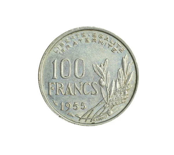 Fransa 'nın 1955' te yaptığı 100 Frank madeni paranın tersi, bu rakam değerini gösterir.