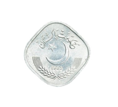 Pakistan 'ın 1983' te yaptığı 5 Paisa madeni parasının Obverse 'i, Hilal' i yıldızlı anıt içinde gösteriyor.