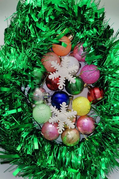 Christmas Decorations Green Rain Christmas Balls Stars Christmas Accessories Close — Stock Photo, Image